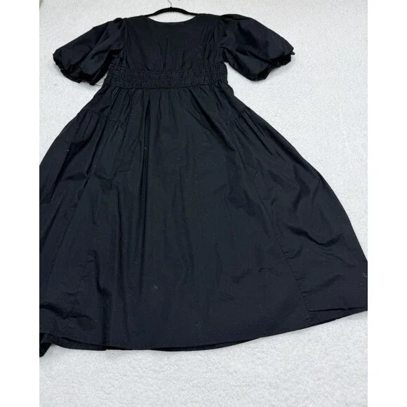 Old Navy Midi Dress Fit Flare Black Puff Sleeve Cotton Vacay Preppy Large P NWT - Picture 7 of 10